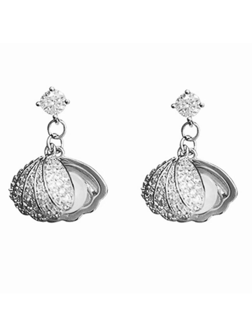 Akia Silver Crystal Shell / Freshwater Pearl Dainty Earrings